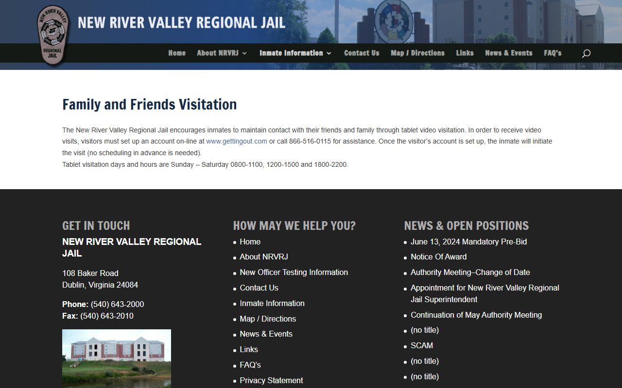 New River Valley Regional Jail video visitation hours for Floyd County inmates